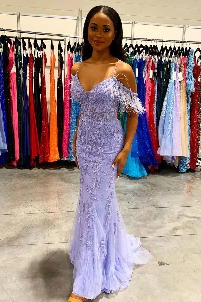 Glamorous Mermaid V Neck Cold Shoulder Tulle Maxi Prom Dress