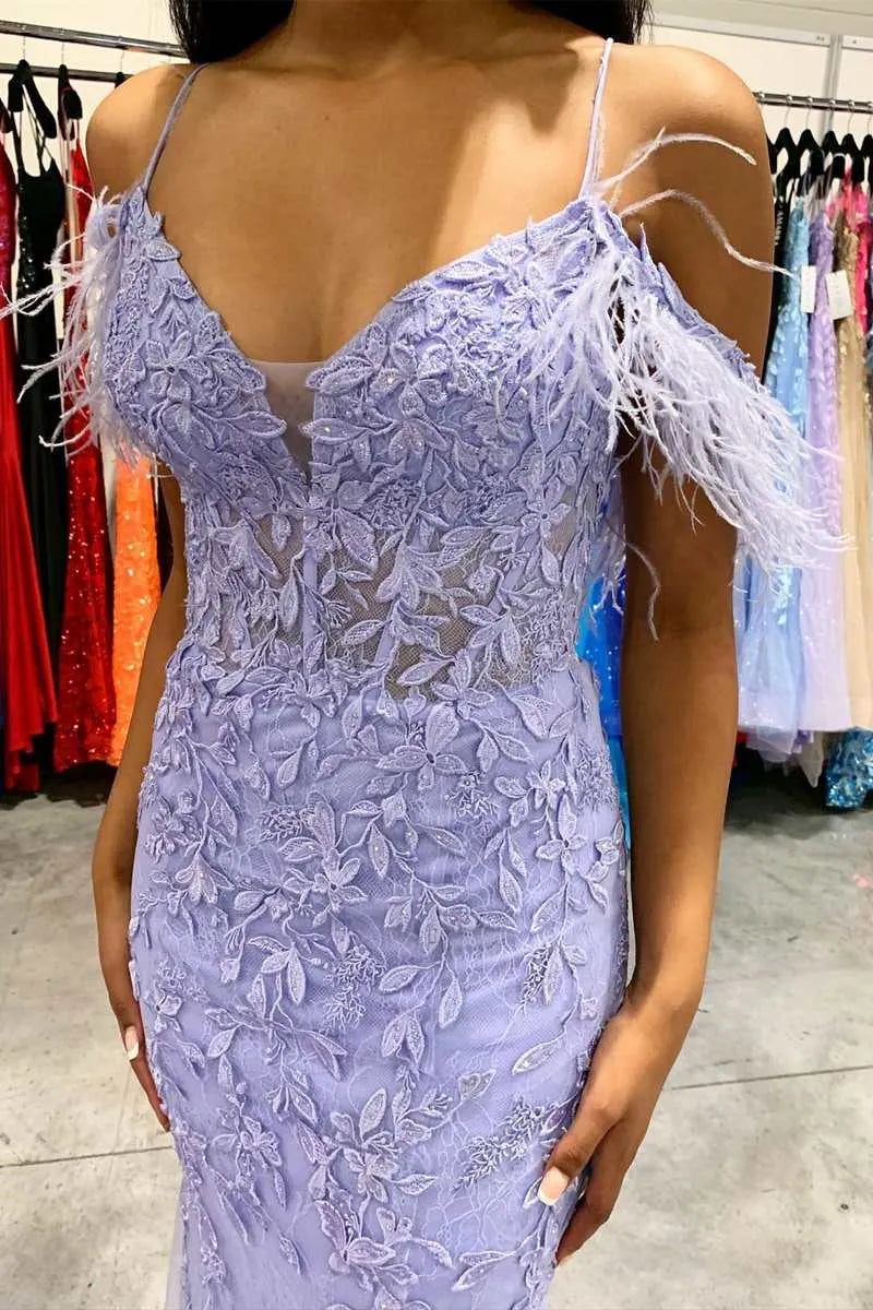 Glamorous Mermaid V Neck Cold Shoulder Tulle Maxi Prom Dress
