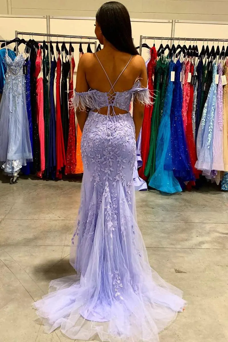 Glamorous Mermaid V Neck Cold Shoulder Tulle Maxi Prom Dress