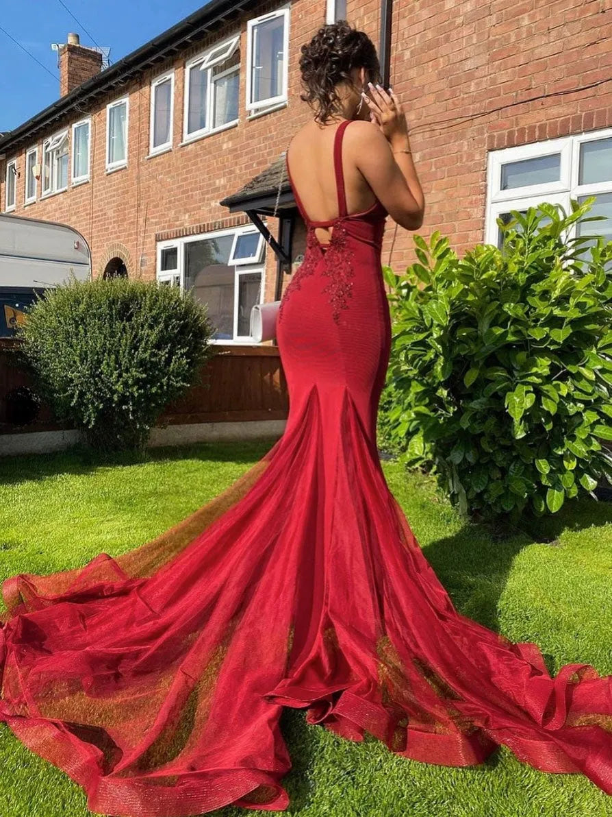 Glamorous Mermaid V-Neck Sleeveless Lace Beaded Tulle Maxi Prom Dress