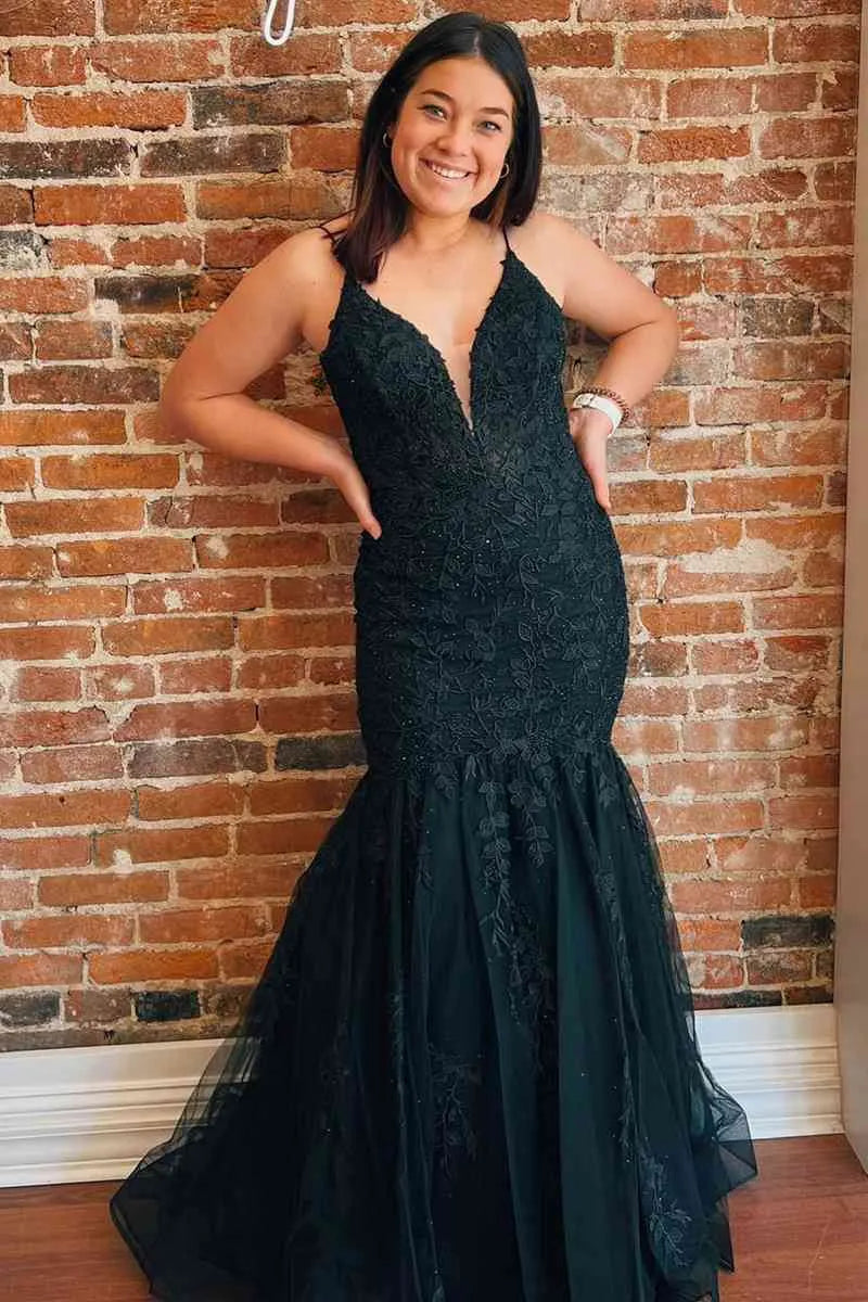 Glamorous Mermaid V Neck Sleeveless Lace Maxi Prom Dress