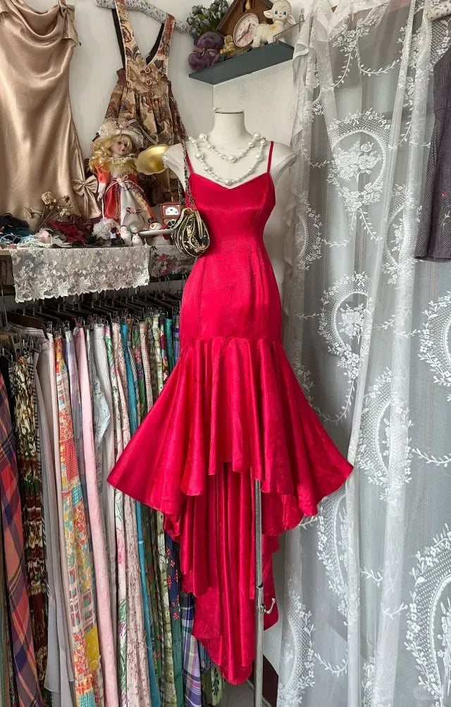 Glamorous Mermaid V Neck Sleeveless Satin High Low Prom Dress