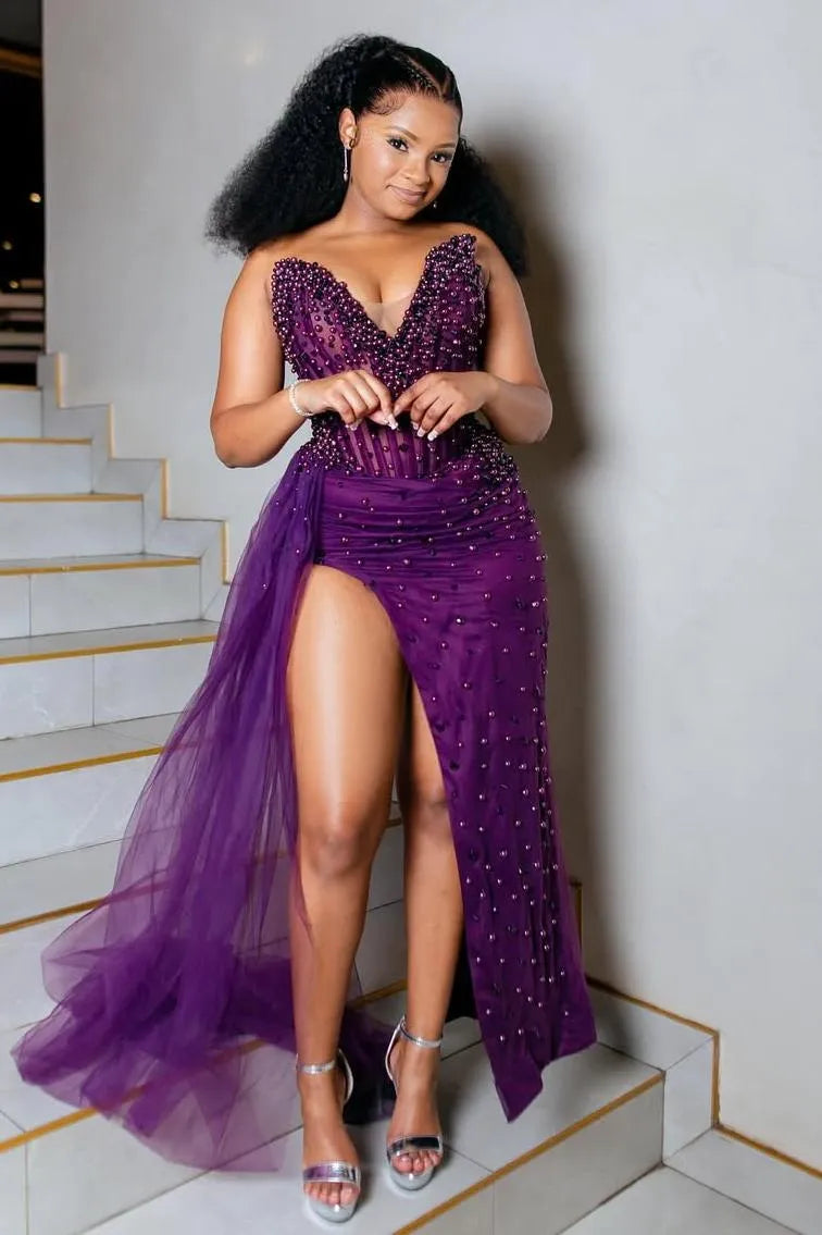 Glamorous Mermaid V-Neck Sleeveless Sheer Beaded Corset Ruched Tulle Evening Dress With Slit & Overskirt