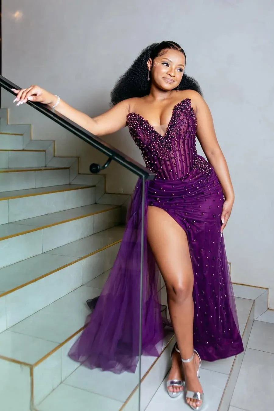 Glamorous Mermaid V-Neck Sleeveless Sheer Beaded Corset Ruched Tulle Evening Dress With Slit & Overskirt