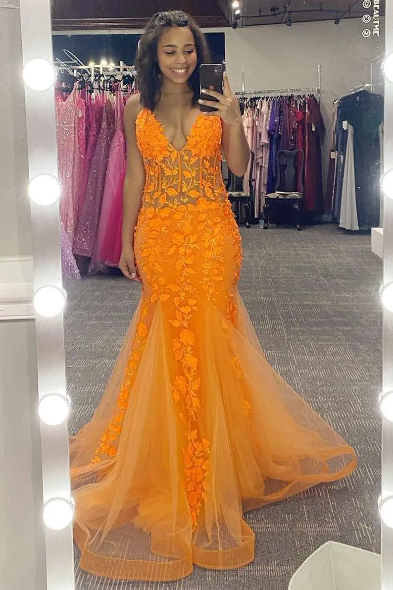 Glamorous Mermaid V Neck Sleeveless Tulle Maxi Prom Dress