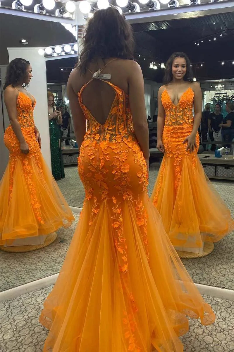 Glamorous Mermaid V Neck Sleeveless Tulle Maxi Prom Dress
