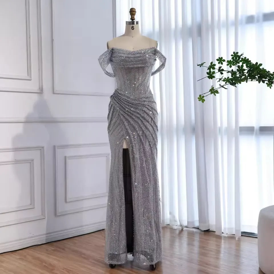 Glamorous Off-the-Shoulder Ruched Beaded Mermaid Maxi Dress with High Slit