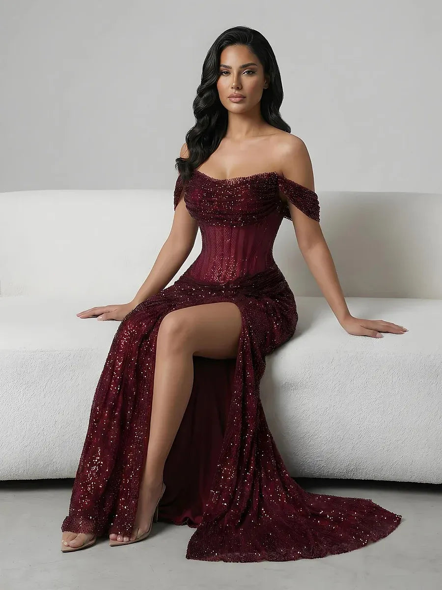Glamorous Off-the-Shoulder Ruched Beaded Mermaid Maxi Dress with High Slit