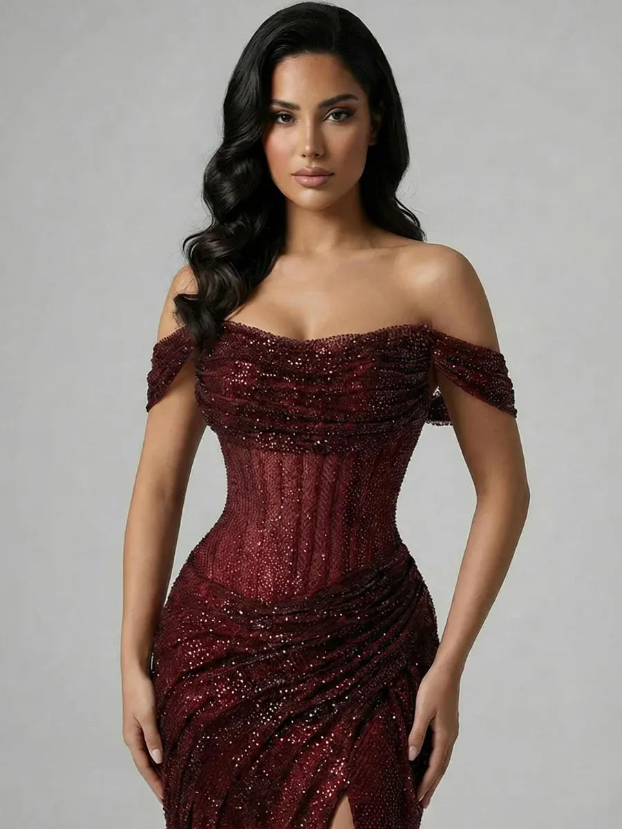 Glamorous Off-the-Shoulder Ruched Beaded Mermaid Maxi Dress with High Slit