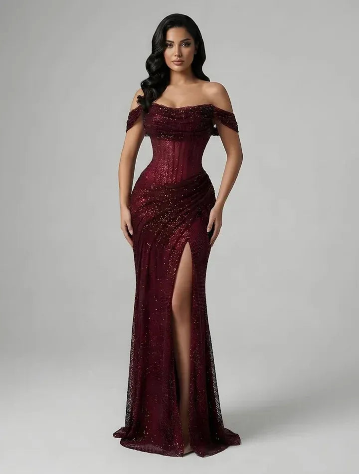 Glamorous Off-the-Shoulder Ruched Beaded Mermaid Maxi Dress with High Slit