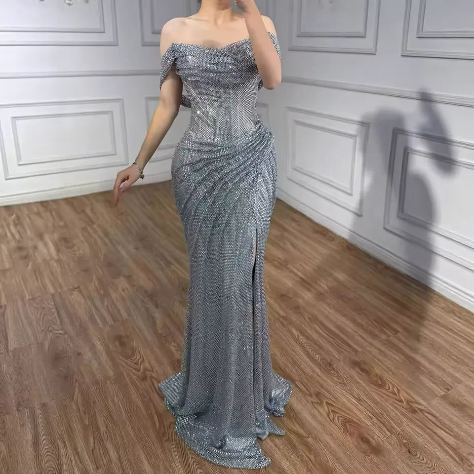Glamorous Off-the-Shoulder Ruched Beaded Mermaid Maxi Dress with High Slit