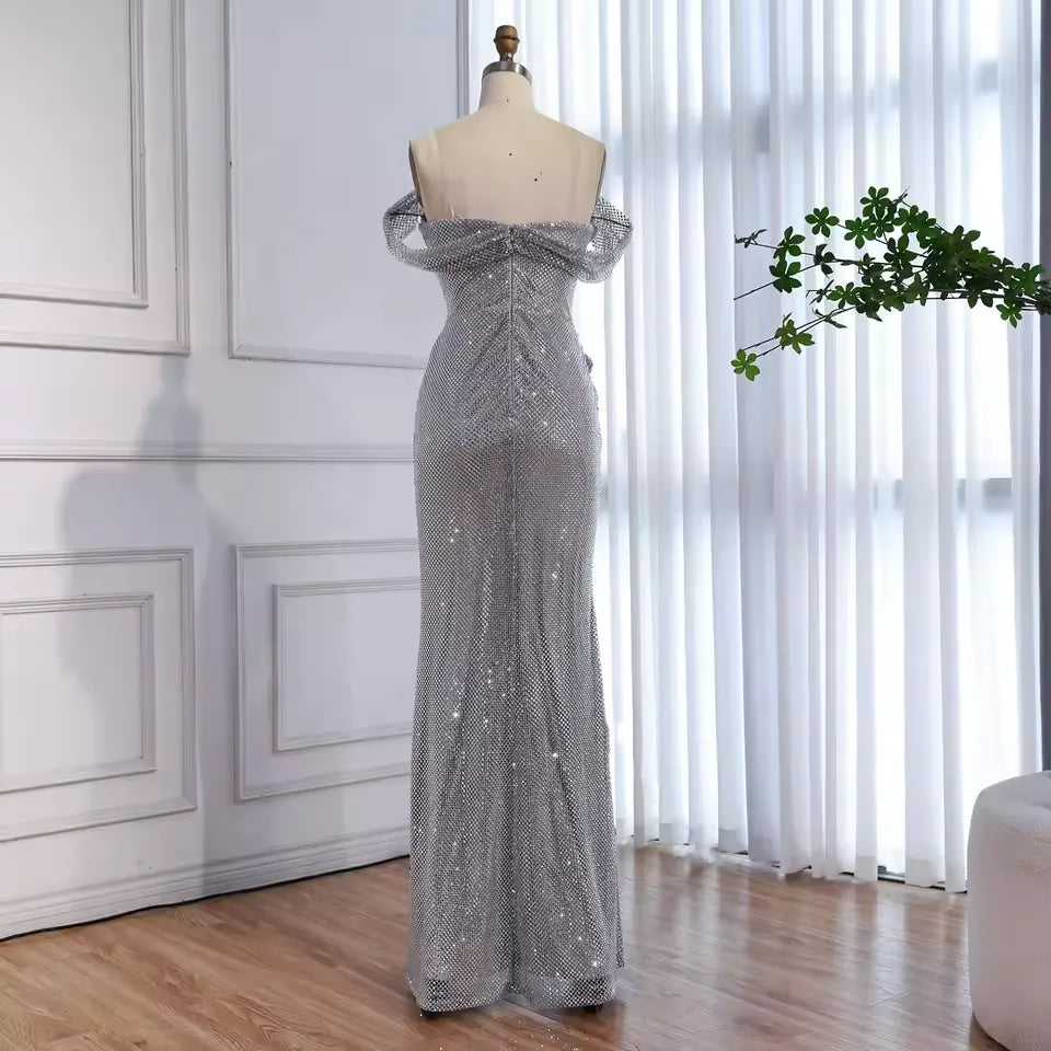 Glamorous Off-the-Shoulder Ruched Beaded Mermaid Maxi Dress with High Slit