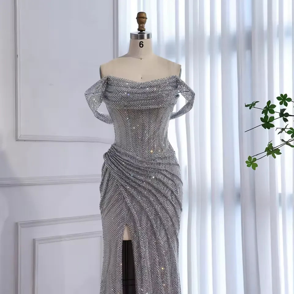 Glamorous Off-the-Shoulder Ruched Beaded Mermaid Maxi Dress with High Slit