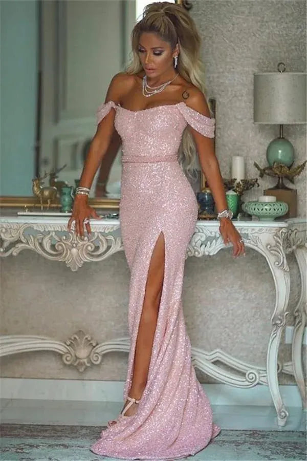Glamorous Off-the-Shoulder Sequin High Slit Mermaid Maxi Dress with Train
