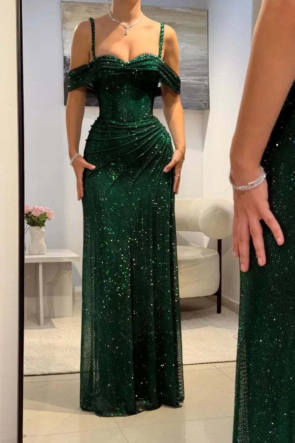 Glamorous Off-the-Shoulder Spaghetti Strap Ruched Glitter Mermaid Maxi Dress