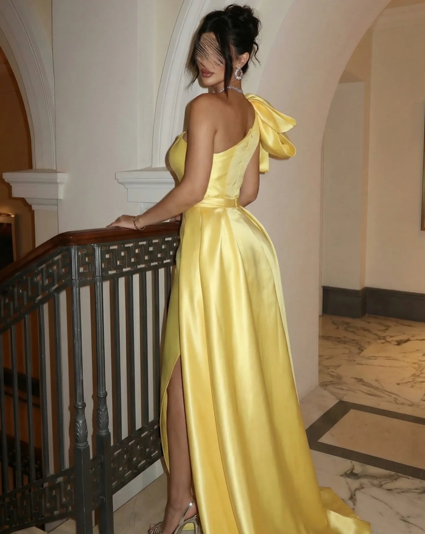 Glamorous One-Shoulder Bow Satin High Slit A-Line Maxi Dress