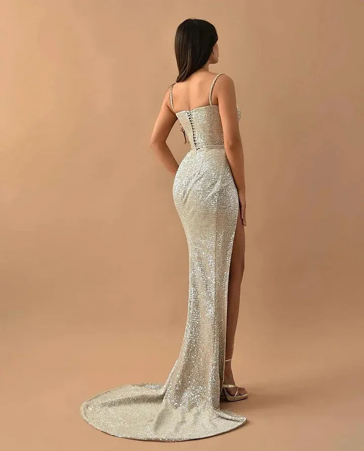 Glamorous Spaghetti Strap Beaded Corset Mermaid Maxi Dress with High Slit & Train
