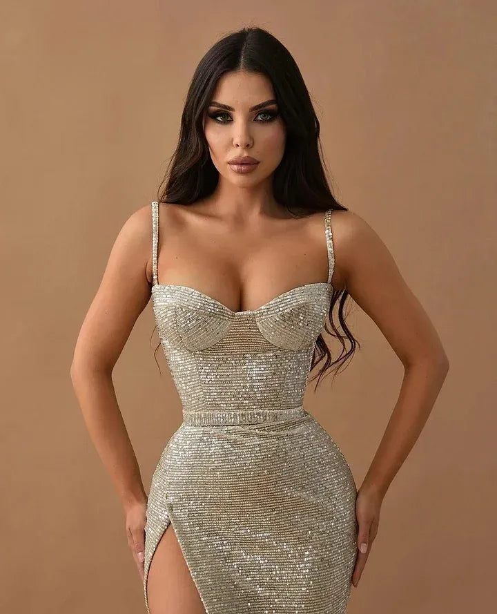 Glamorous Spaghetti Strap Beaded Corset Mermaid Maxi Dress with High Slit & Train