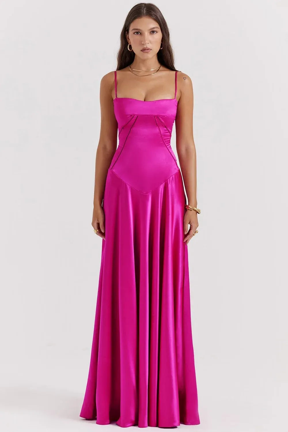 Glamorous Spaghetti Strap Corset Lace-Up Back Satin A-Line Maxi Dress