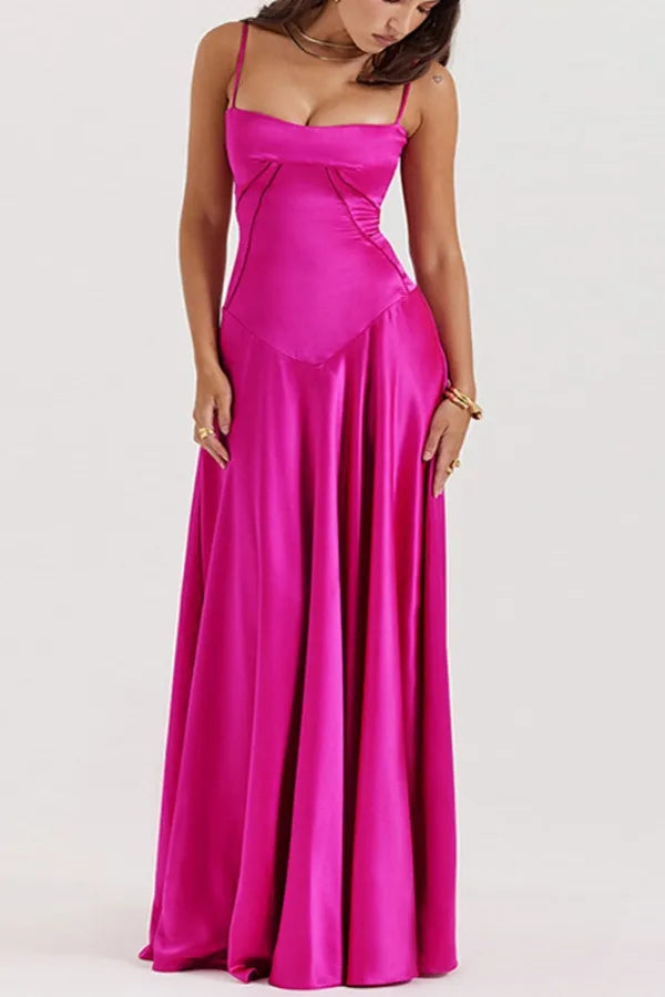 Glamorous Spaghetti Strap Corset Lace-Up Back Satin A-Line Maxi Dress