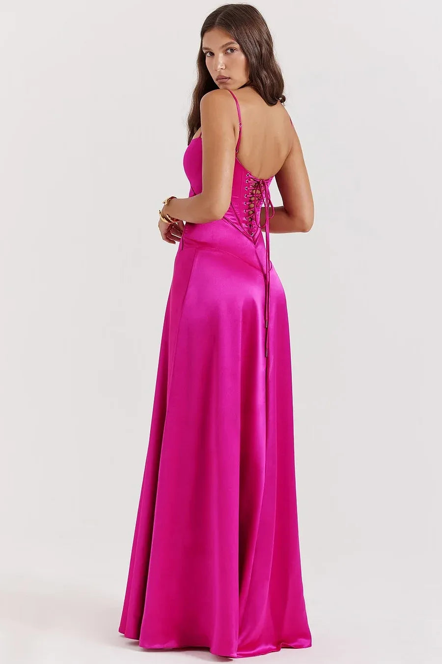 Glamorous Spaghetti Strap Corset Lace-Up Back Satin A-Line Maxi Dress