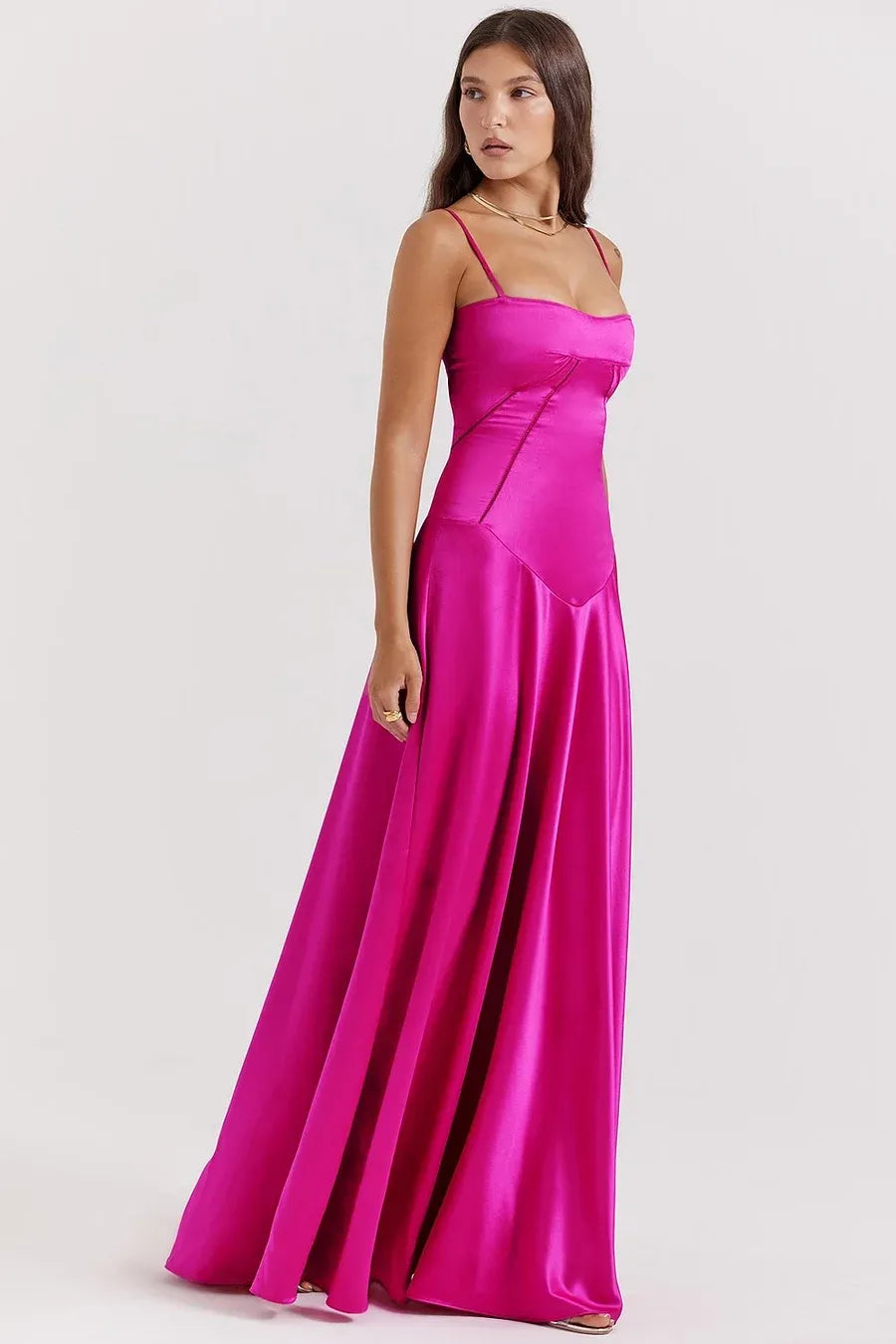 Glamorous Spaghetti Strap Corset Lace-Up Back Satin A-Line Maxi Dress