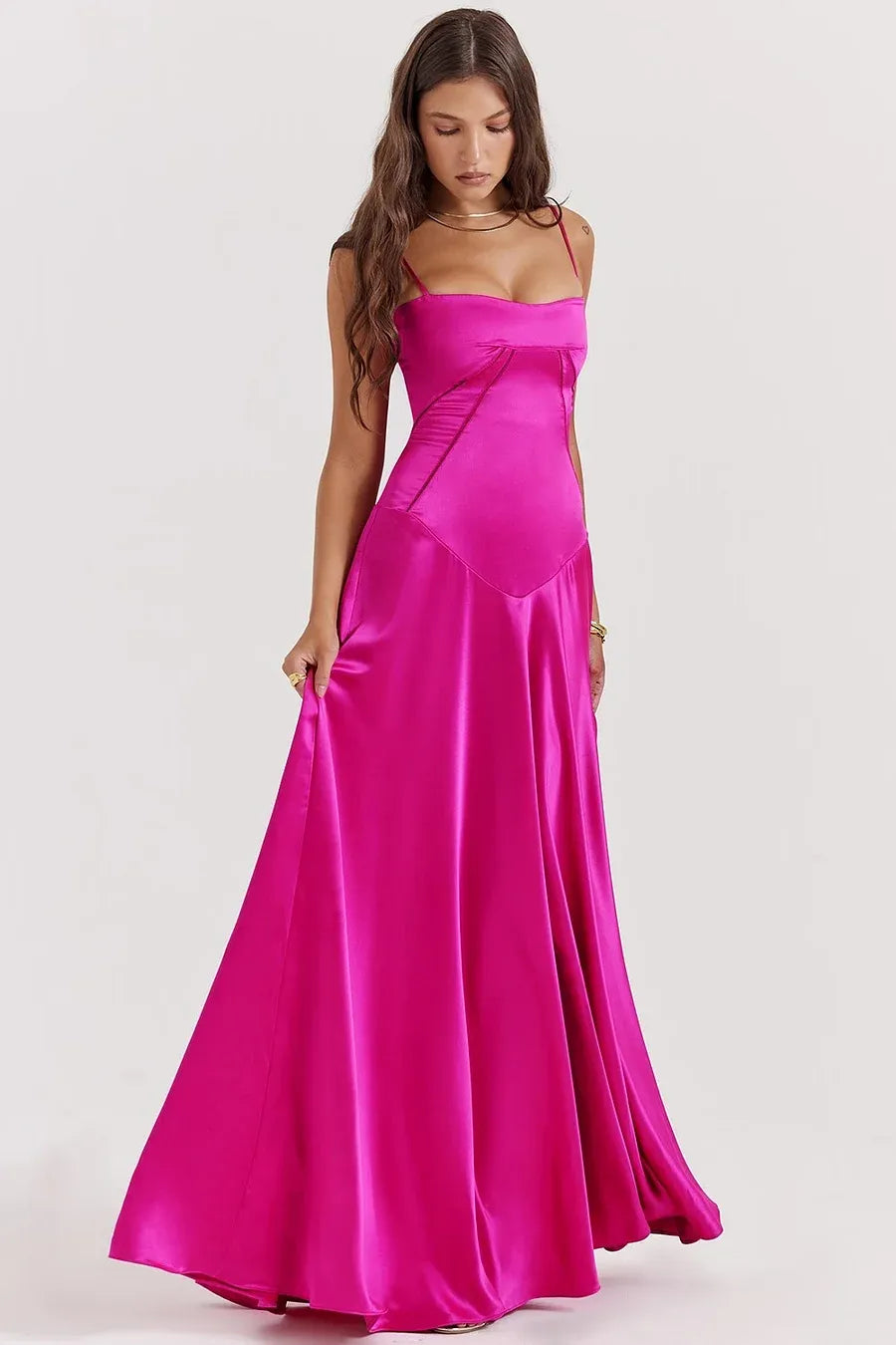 Glamorous Spaghetti Strap Corset Lace-Up Back Satin A-Line Maxi Dress