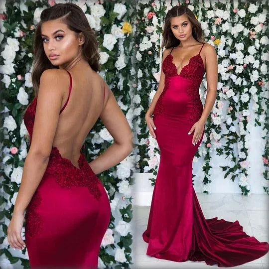Glamorous Spaghetti Strap Lace Applique Satin Mermaid Maxi Dress with Open Back & Train