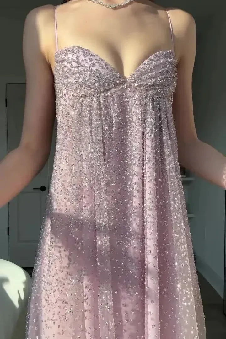 Glamorous Spaghetti Strap Open Back Sequin Tulle A-Line Prom Dress