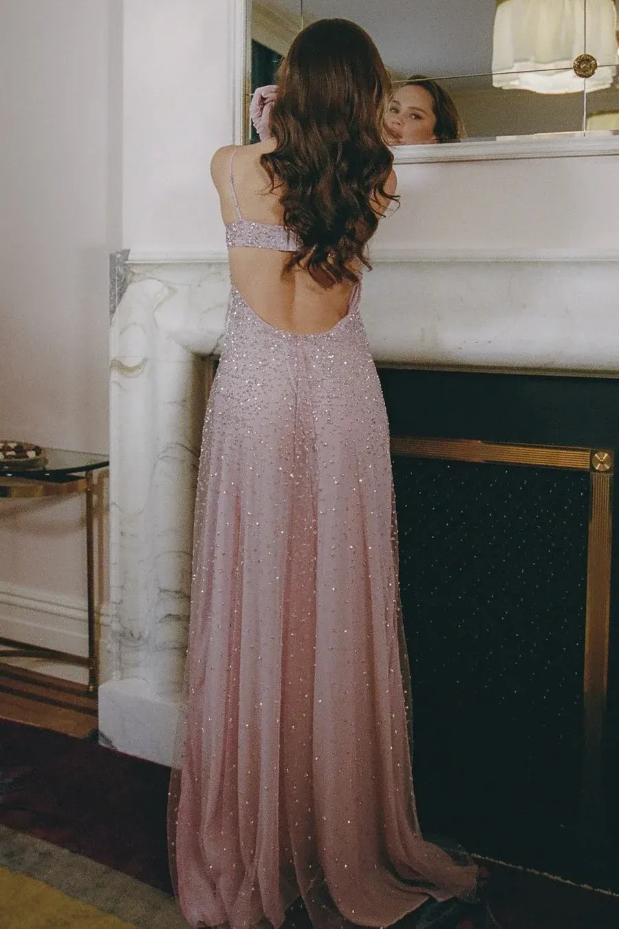 Glamorous Spaghetti Strap Open Back Sequin Tulle A-Line Prom Dress