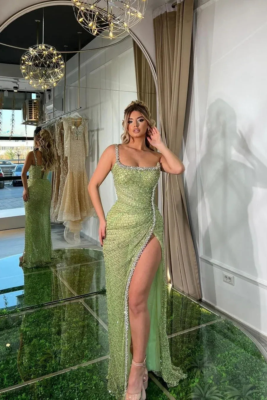 Glamorous Square Neck Beaded High Slit Rhinestone Trim Mermaid Maxi Dress