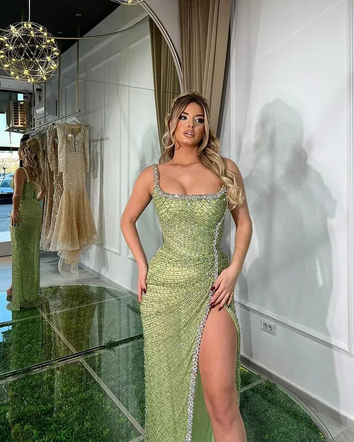 Glamorous Square Neck Beaded High Slit Rhinestone Trim Mermaid Maxi Dress