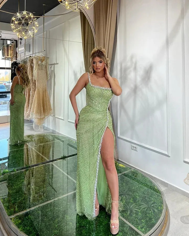 Glamorous Square Neck Beaded High Slit Rhinestone Trim Mermaid Maxi Dress