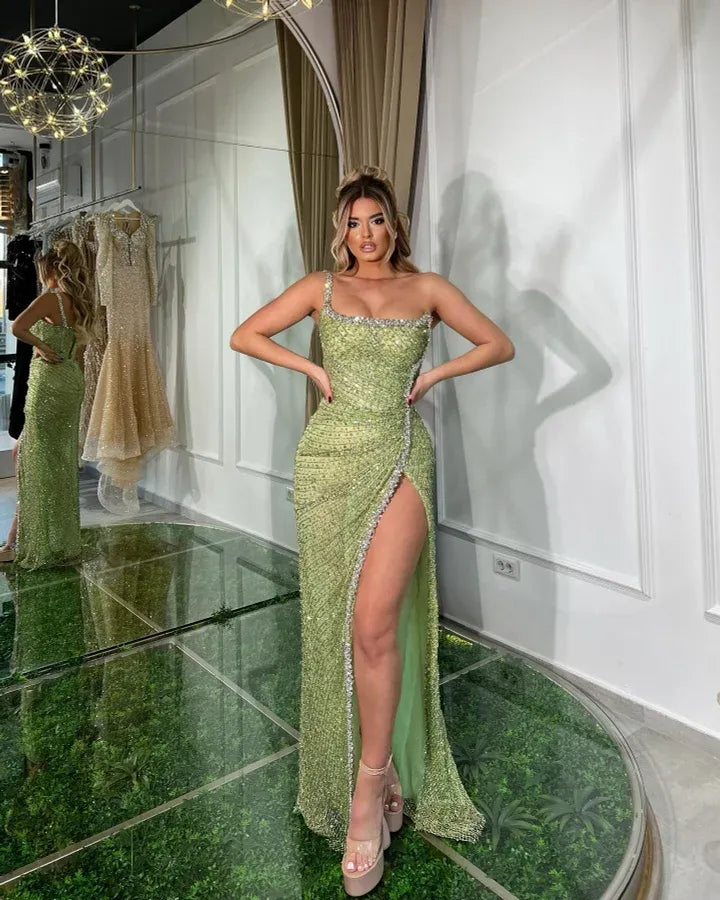 Glamorous Square Neck Beaded High Slit Rhinestone Trim Mermaid Maxi Dress