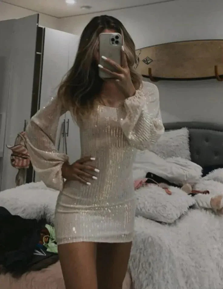 Glamorous Square Neck Long Sleeve Sequin Mini Dress