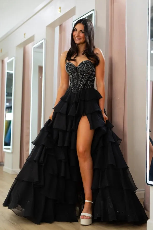 Glamorous Strapless Beaded Corset Ruffle Tiered Maxi Dress