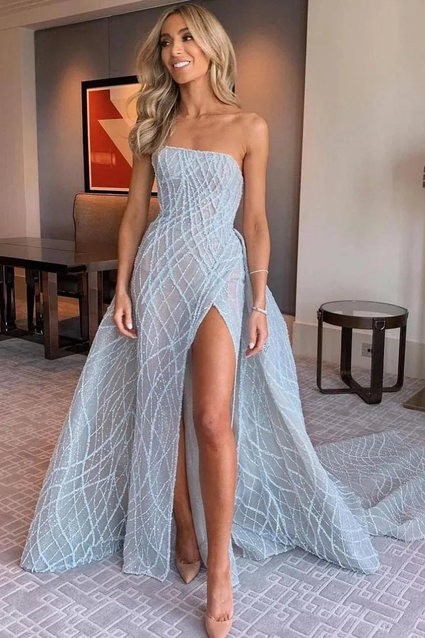 Glamorous Strapless Beaded Grid Mermaid Maxi Dress with High Slit & Overskirt