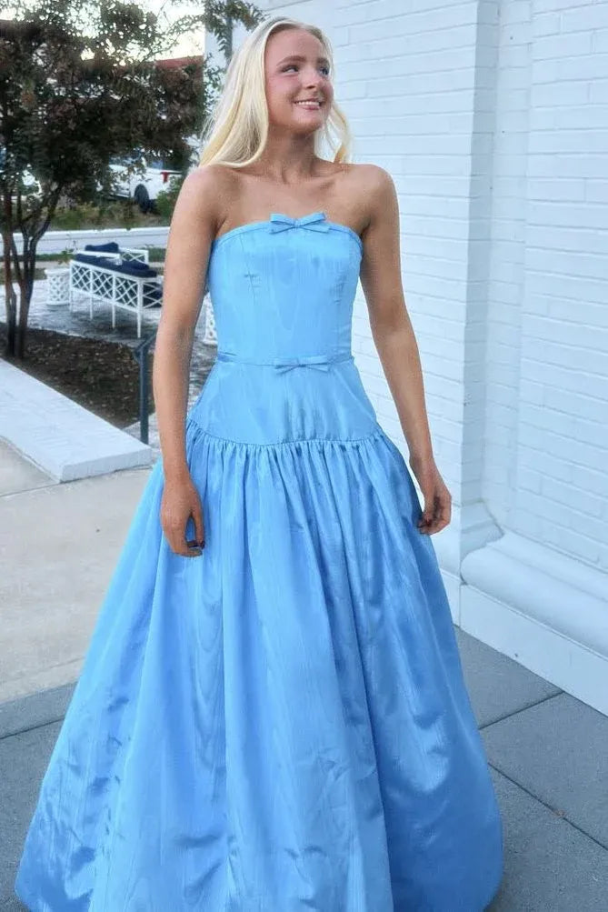 Glamorous Strapless Bow Detail Corset Waist Satin Ball Gown Prom Dress