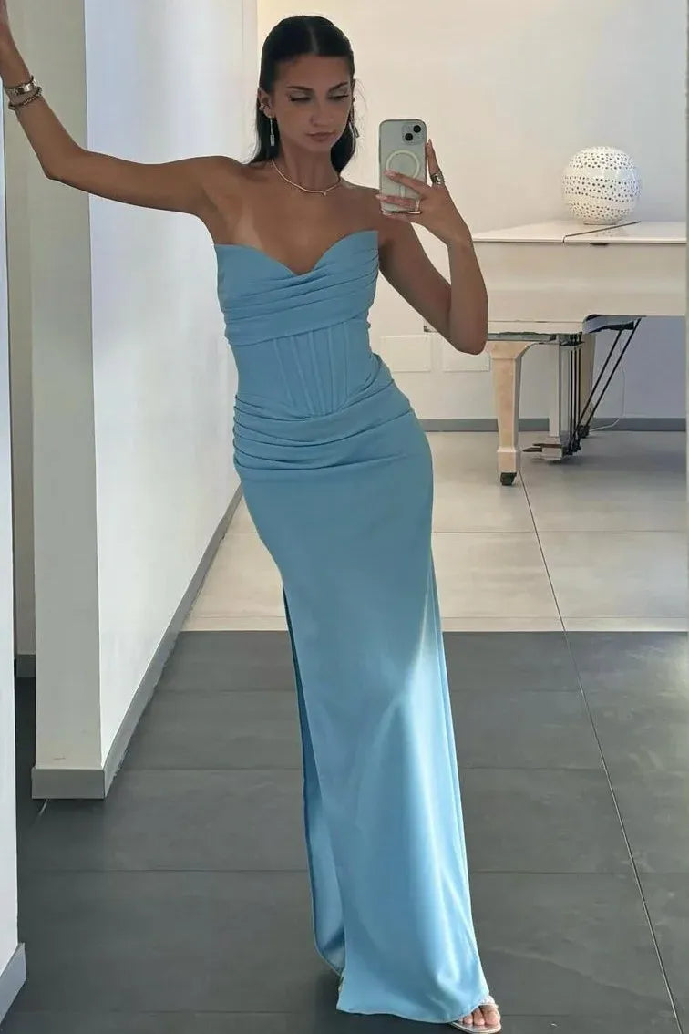 Glamorous Strapless Corset Lace-Up Mermaid Prom Dress With Slit