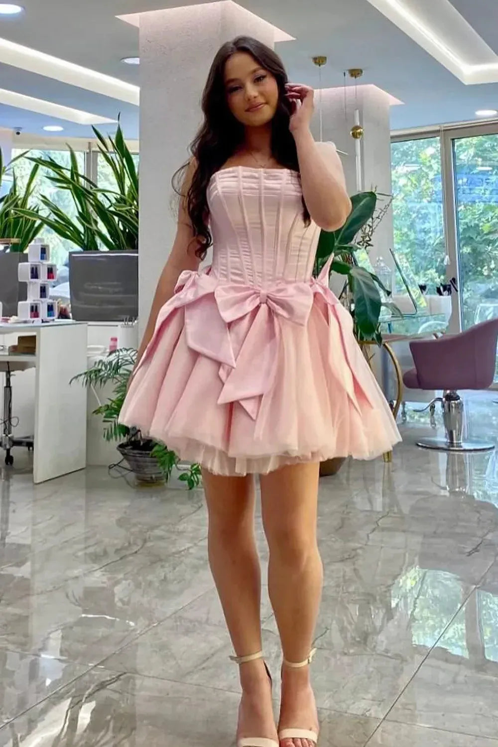 Glamorous Strapless Corset Tulle Mini Dress with Bow