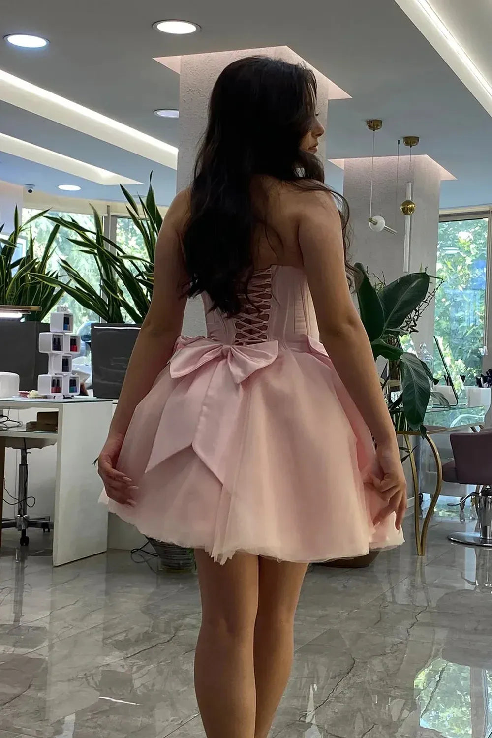 Glamorous Strapless Corset Tulle Mini Dress with Bow