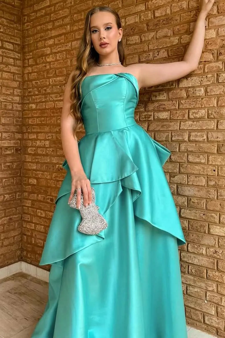 Glamorous Strapless Draped Ruffle Peplum Satin Ball Gown Evening Dress