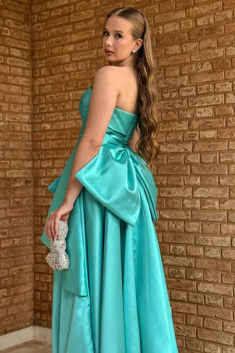 Glamorous Strapless Draped Ruffle Peplum Satin Ball Gown Evening Dress