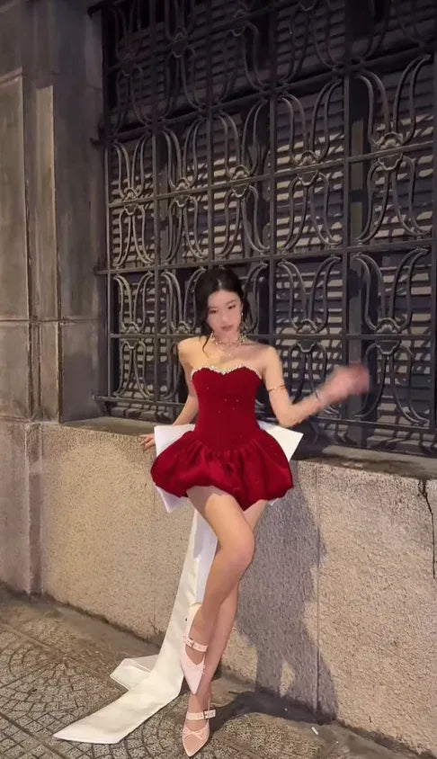 Glamorous Strapless Glitter Bubble Hem Mini Party Dress with Bow