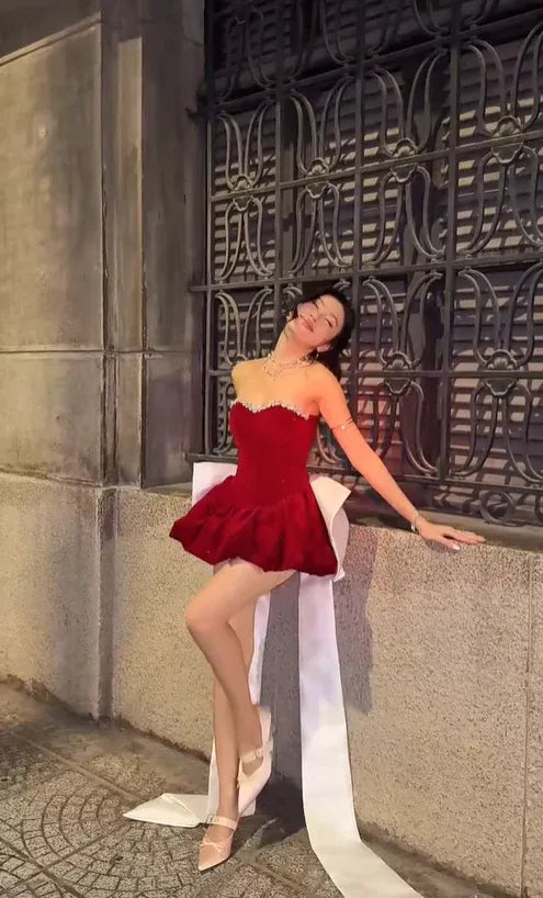 Glamorous Strapless Glitter Bubble Hem Mini Party Dress with Bow