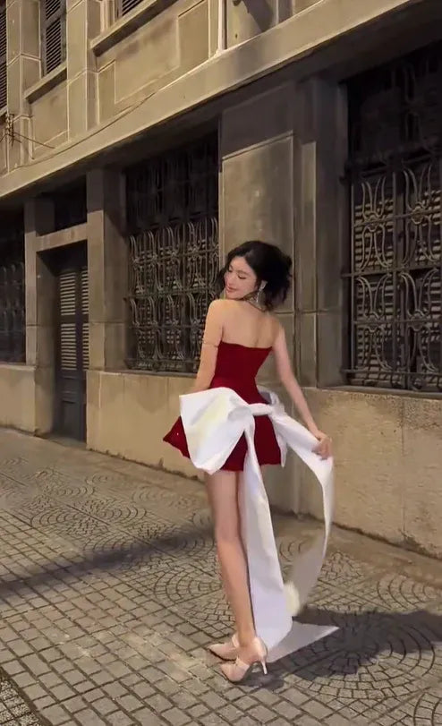 Glamorous Strapless Glitter Bubble Hem Mini Party Dress with Bow