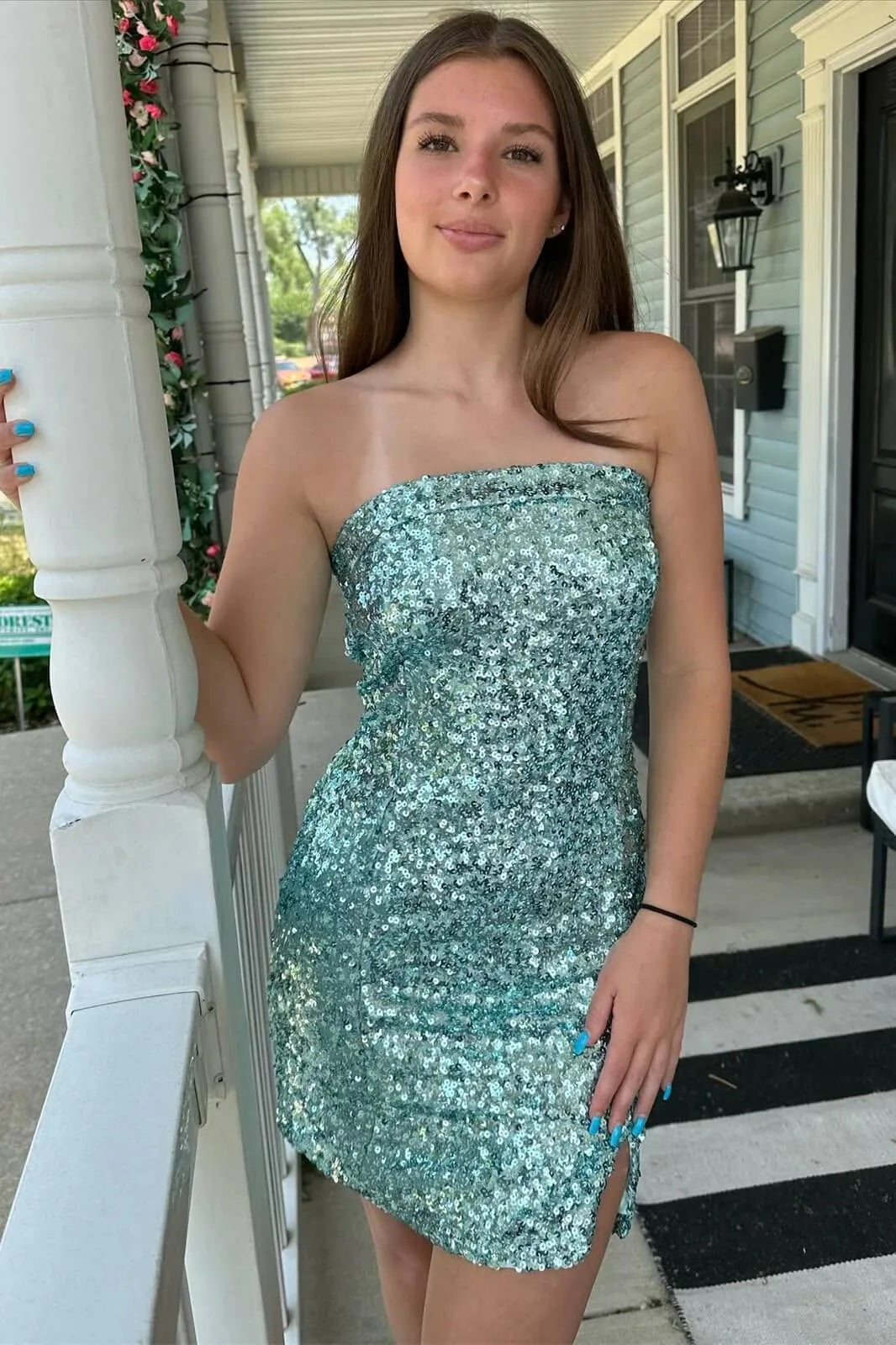 Glamorous Strapless Sequin Bodycon Mini Dress with Asymmetrical Hem