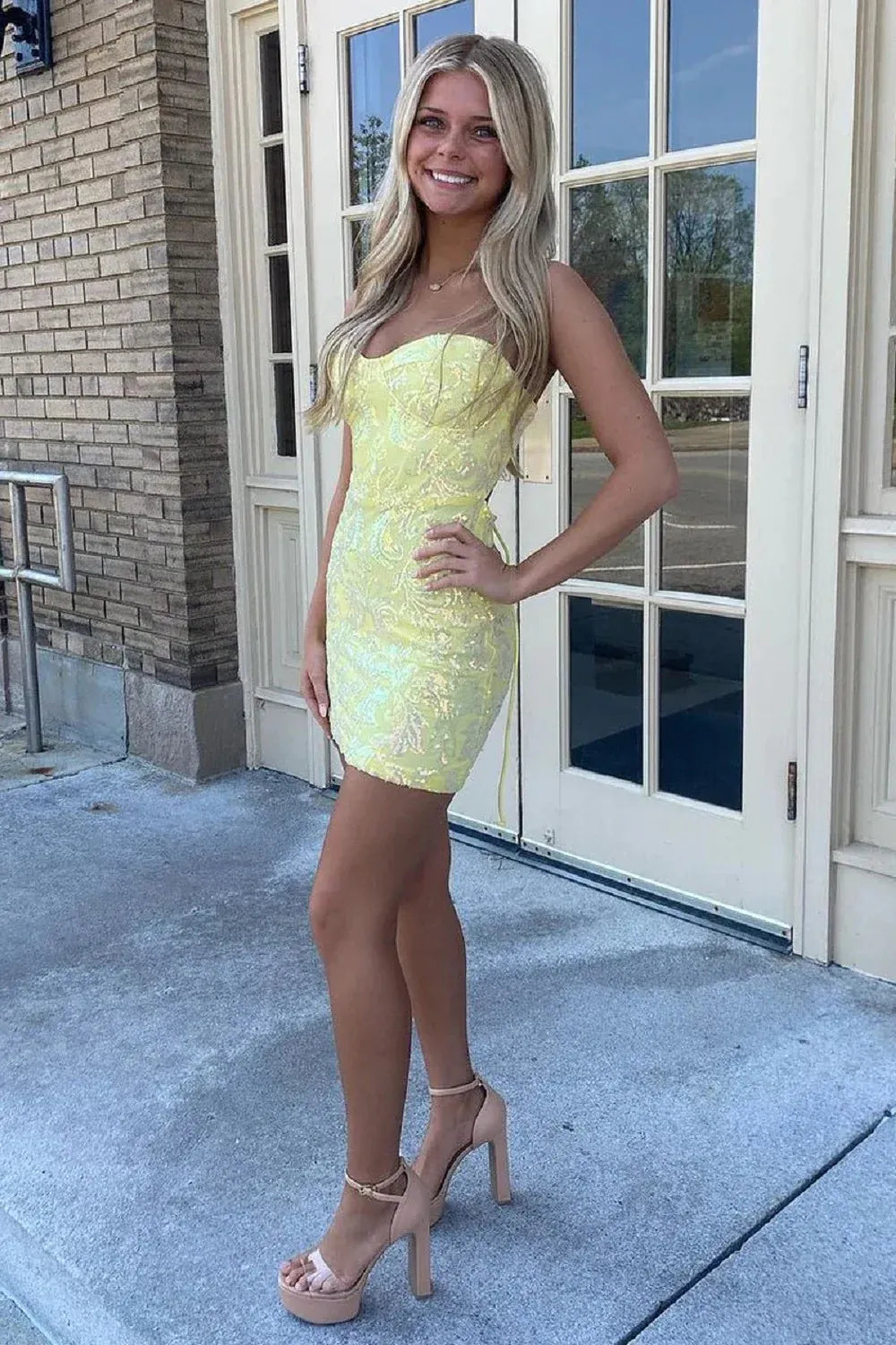 Glamorous Strapless Sequin Bodycon Mini Dress with Lace-Up Back