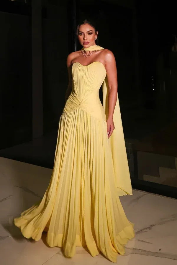 Glamorous Strapless Sweetheart Pleated Cape Chiffon A-Line Maxi Dress