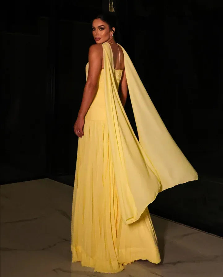 Glamorous Strapless Sweetheart Pleated Cape Chiffon A-Line Maxi Dress